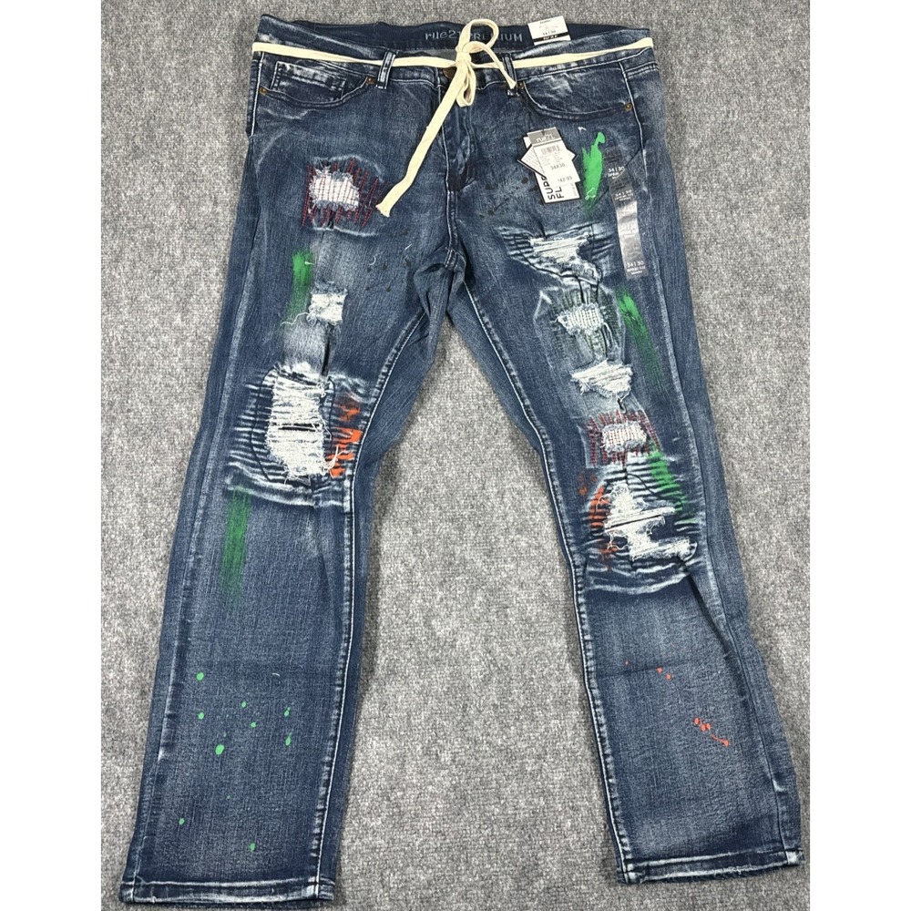 Rue21 Premium Skinny Flex Jeans Men's 34x30 Blue Distressed Paint Splatter NWT